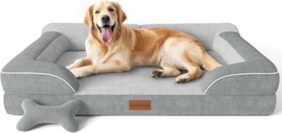 Extra Large Dog Bed - Orthopedic with Cooling Gel Memory Foam, Waterproof XL with Removable Washable Cover, 42" Dog Sofa Couch Dutch Velvet with Bone Toy, Light Gray