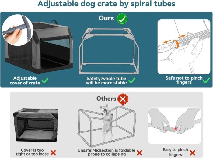 PETSFIT Travel Dog Crate, Soft Dog Crate - 30 Inch Sturdy Adjustable Structure, Easy to Set Up, Dog Crate for Car, Light Tough with 3 Mesh Doors Grey