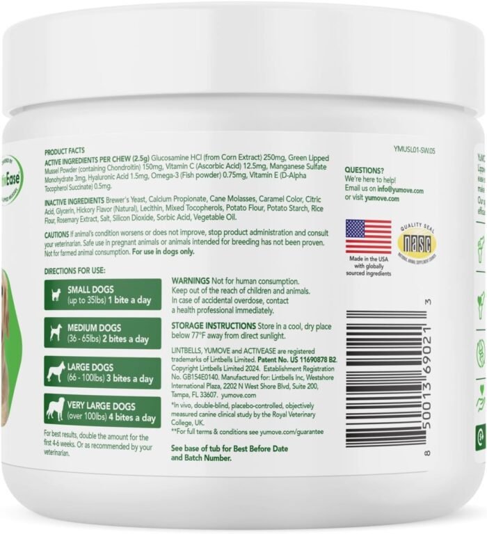 Dog Joint Supplement, Hip and Joint Supplement for Dogs with Glucosamine, Hyaluronic Acid, and Green Lipped Mussel and Omegas, Relief for Dog Hip and Joint Aches and Stiffness, by YuMOVE - 150 Bites