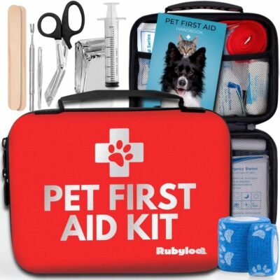 Dog First Aid Kit - Vet Approved Emergency Supplies for Dogs & Cats - Pet First Aid Handbook, Tick Remover, Slip Leash & Medical Essentials for Home, Camping, Car, RV, Travel, Road Trip