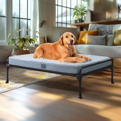 Veehoo Elevated Raised Dog Bed+Removable Dog Bed Mat-Cooling Outdoor Dog Cot Bed for Large Sized Dogs Three-Sided Guardrail Raised Pet Cot Dog Hammock Bed Elevated Dog Ded with Bolster-41 x 27" Black