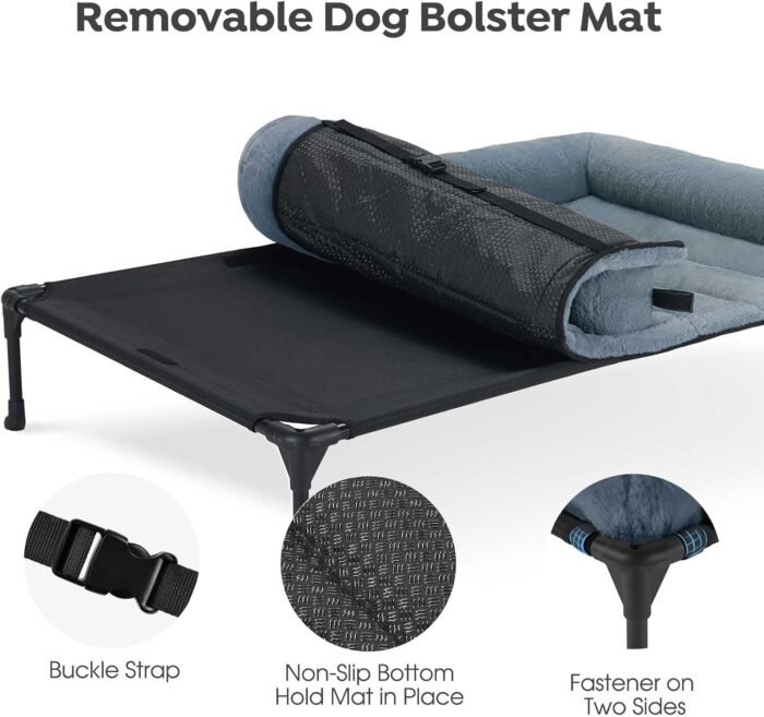 Veehoo Cooling Elevated Dog Bed + Removable Fluffy Plush Pillow Cushion, Raised Dog Bed with Washable Bolster Mat, Breathable Teslin Mesh, No-Slip Feet, 32" x 25" Dog Couch Bed, Haze Blue, CWC2331E