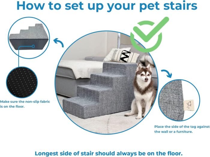 Best Pet Supplies Dog Stairs & Steps - Foam Steps for Small Dogs & Cats, Non-Slip Indoor Balanced Pet Step Support, Dog Ramp, No Assembly, Ash Gray Linen, 4-Step (18-inch Height).