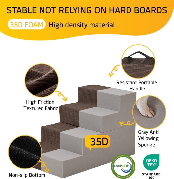 Dog Stairs for High Bed, Extra Wide Dog Steps for Bed Couch Sofa, 35D Foam Pet Steps for Small Dogs and Cats, Pet Stairs 2 in 1 with Non-Slip Bottom Brown, 5 Steps