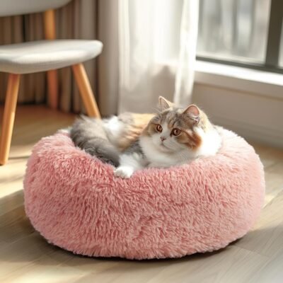 Veehoo Calming Cat Bed & Dog Bed, Anti-Anxiety Donut-Shaped, Plush Faux Fur & Cotton, 20" Pink, Machine Washable, 15 lbs Max Weight