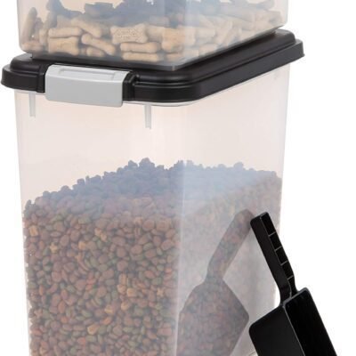 IRIS USA Dog Food Storage Container, 30 lbs & 11 lbs Combo, Cat Food Storage Container, Dog Treat Container, Airtight, Stackable, 2-Cup Scoop, Wheels, Easy Mobility, Black