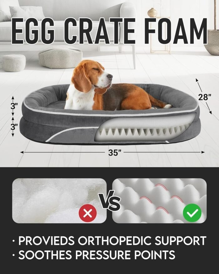 OhGeni Orthopedic Dog Bed Couch for Large Sized Pets with Egg Foam Support, Four-Sided Bolster Cushions, Soft Tear-Resistant Fabric, and Removable Machine Washable Plush Cover 35-Inch (Gray)