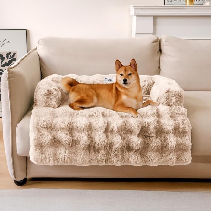 FUNNYFUZZY Calming Dog Bed Mat, Fluffy Fuzzy Couch Cover for Sofa, Furniture Protector with Removable Washable Cover for Small Dogs and Cats (Coffee,33.45 × 28.35 × 5.51 in)