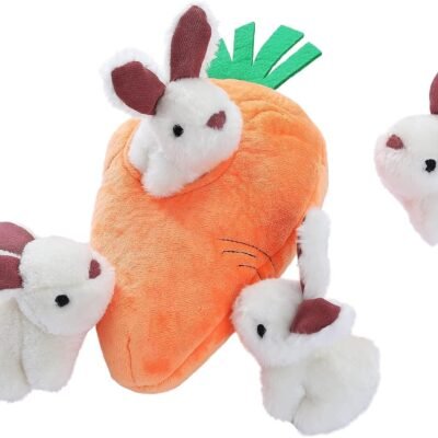 Amazon Basics Hide and Seek Squeaky Dog Plush Toy, Rabbit and Carrot, Orange and White, 5 Pack
