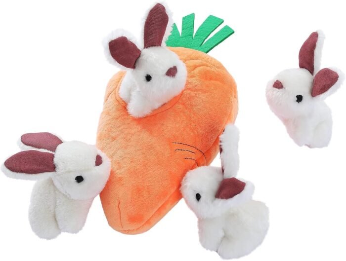 Amazon Basics Hide and Seek Squeaky Dog Plush Toy, Rabbit and Carrot, Orange and White, 5 Pack