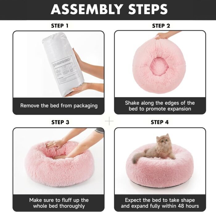 OhGeni Calming Donut Cat Bed Pillow for Small Pets, Machine Washable Removable Cover, Comfort Plush Fluffy Faux Fur with Anti-Slip Bottom, Dogs-Friendly Round Cuddly Design, Pink, 20 inches