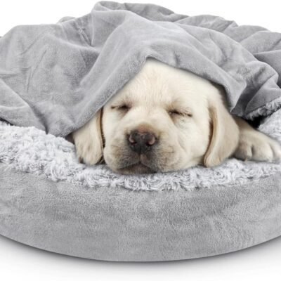 JOEJOY Small Dog Bed Cat Bed with Hooded Blanket, Cozy Cuddler Luxury Puppy Pet Bed, Donut Round Calming Anti-Anxiety Dog Burrow Cave Bed - Anti-Slip Bottom and Machine Washable 23 inch