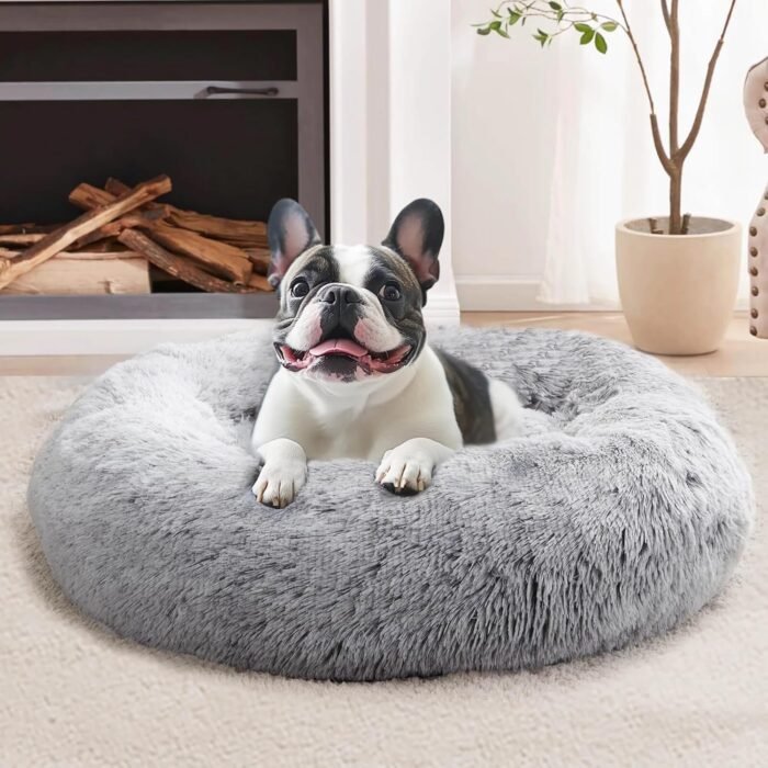 JOLLYVOGUE Small Calming Dog Bed, Anti-Anxiety Donut Cuddler Cat Bed with Anti-Slip Bottom, Fluffy Faux Fur Machine Washable Pet Cushion for Small Medium Dog & Cat, 20"