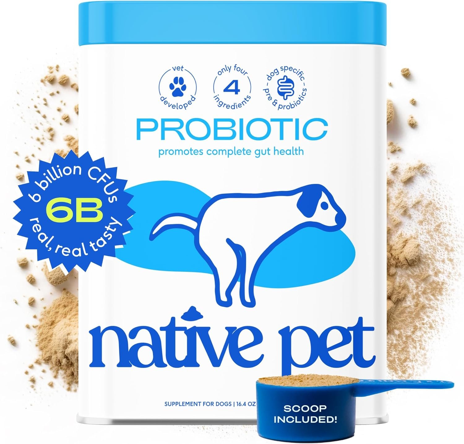 Native Pet Probiotics for Dogs – Dog Probiotics Powder for Digestive Health, Gut Support, & Immune Boost – Vet-Formulated Powder for Maximum Potency with Digestive Enzymes & Prebiotics – 120 Scoops