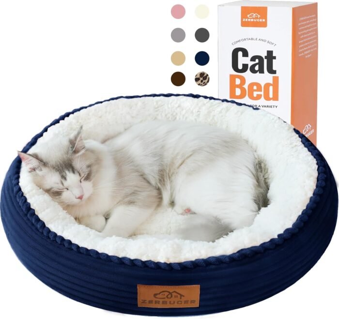 20in Washable Cat Beds for Indoor Cats - Round Donut Pet Bed for Cats, Small Dogs, Puppy, Kitten - Anti-Slip Bottom, Calming Bed Gift - Navy Blue