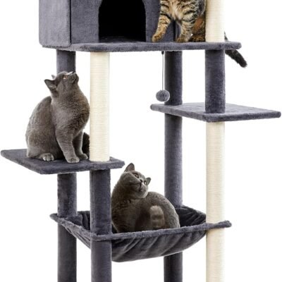 Made4Pets 60 inch Cat Tower for Indoor Cats, Multi-Level Cat Tree with Plush Hammock, Cozy Cat House, Scratching Posts, Top Perch, and 2 Hanging Balls