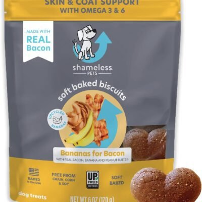 Shameless Pets Soft-Baked Dog Treats, Bananas for Bacon - Natural & Healthy Dog Chews for Skin & Coat Support with Omega 3 & 6 - Dog Biscuits Baked & Made in USA, Free from Grain, Corn & Soy - 1-Pack