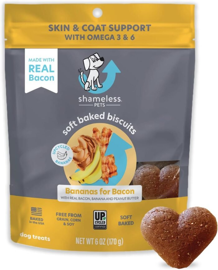 Shameless Pets Soft-Baked Dog Treats, Bananas for Bacon - Natural & Healthy Dog Chews for Skin & Coat Support with Omega 3 & 6 - Dog Biscuits Baked & Made in USA, Free from Grain, Corn & Soy - 1-Pack