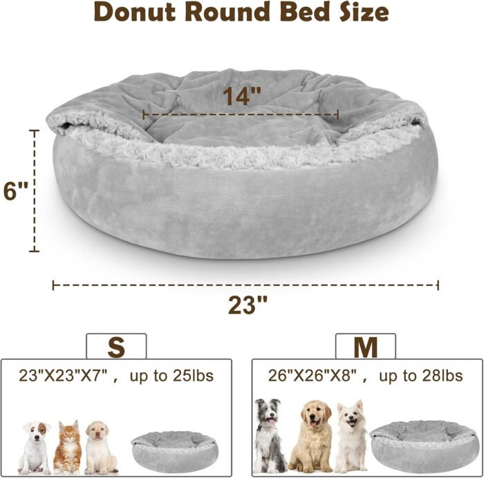 JOEJOY Small Dog Bed Cat Bed with Hooded Blanket, Cozy Cuddler Luxury Puppy Pet Bed, Donut Round Calming Anti-Anxiety Dog Burrow Cave Bed - Anti-Slip Bottom and Machine Washable 23 inch