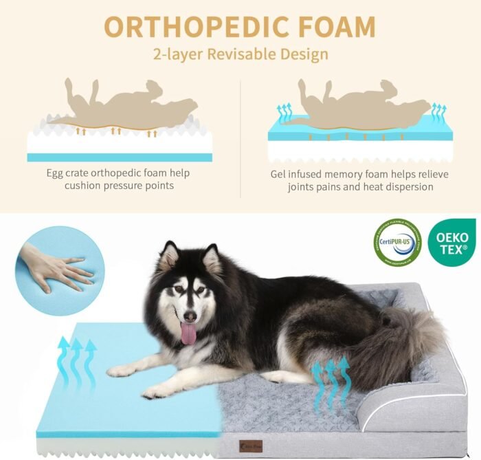 Orthopedic Dog Beds for Large Dogs, Waterproof Memory Foam Large Sized Dog Bed with Sides, Non-Slip Bottom and Egg-Crate Foam Big Dog Bed with Removable Washable Cover(Large,Light Grey)