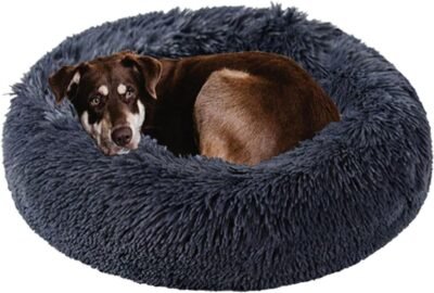 Dog Bed Calming Dog Beds for Small Medium Large Dogs - Round Donut Washable Puppy Dog Bed, Anti-Slip Faux Fur Fluffy Donut Cuddle Anxiety Cat Pet Bed(28" Dark Grey)