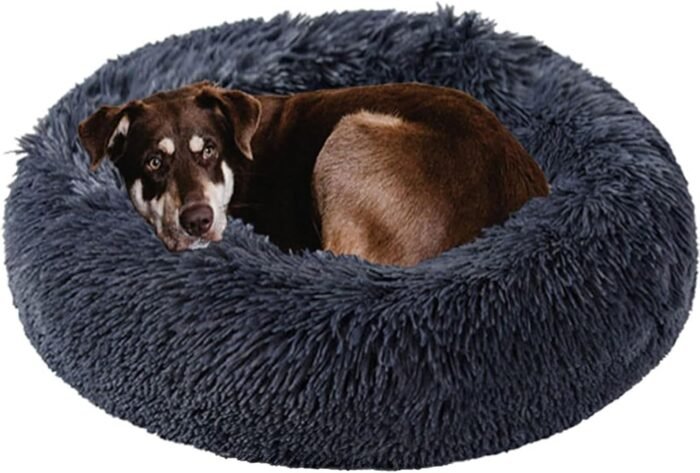 Dog Bed Calming Dog Beds for Small Medium Large Dogs - Round Donut Washable Puppy Dog Bed, Anti-Slip Faux Fur Fluffy Donut Cuddle Anxiety Cat Pet Bed(28" Dark Grey)