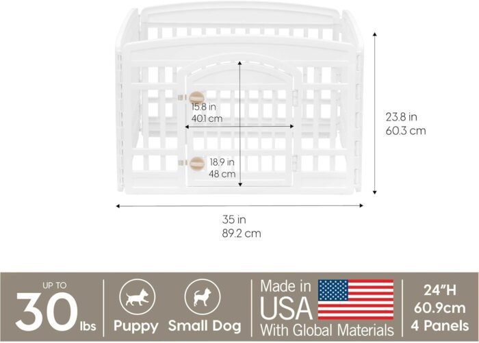 IRIS USA 24" Exercise 4-Panel Pet Playpen with Door, Dog Playpen, Puppy Playpen, for Puppies and Small Dogs, Keep Pets Secure, Easy Assemble, Fold It Down, Easy Storing, Customizable, White