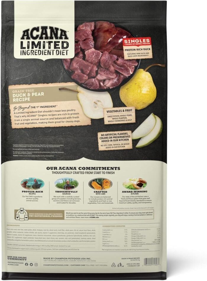 ACANA Singles Limited Ingredient Dry Dog Food, Duck & Pear Recipe, Single Protein Source Dog Food Kibble, 22.5lb