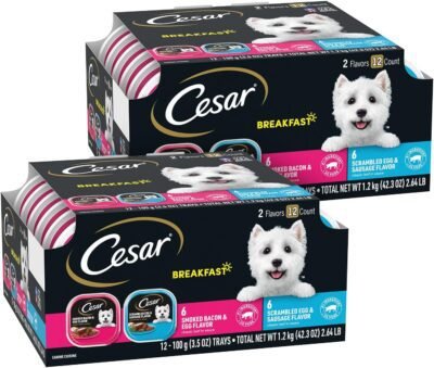 CESAR Soft Wet Dog Food Classic Loaf in Sauce Breakfast Variety Pack, (12) 3.5 oz. Easy Peel Trays, Pack of 2