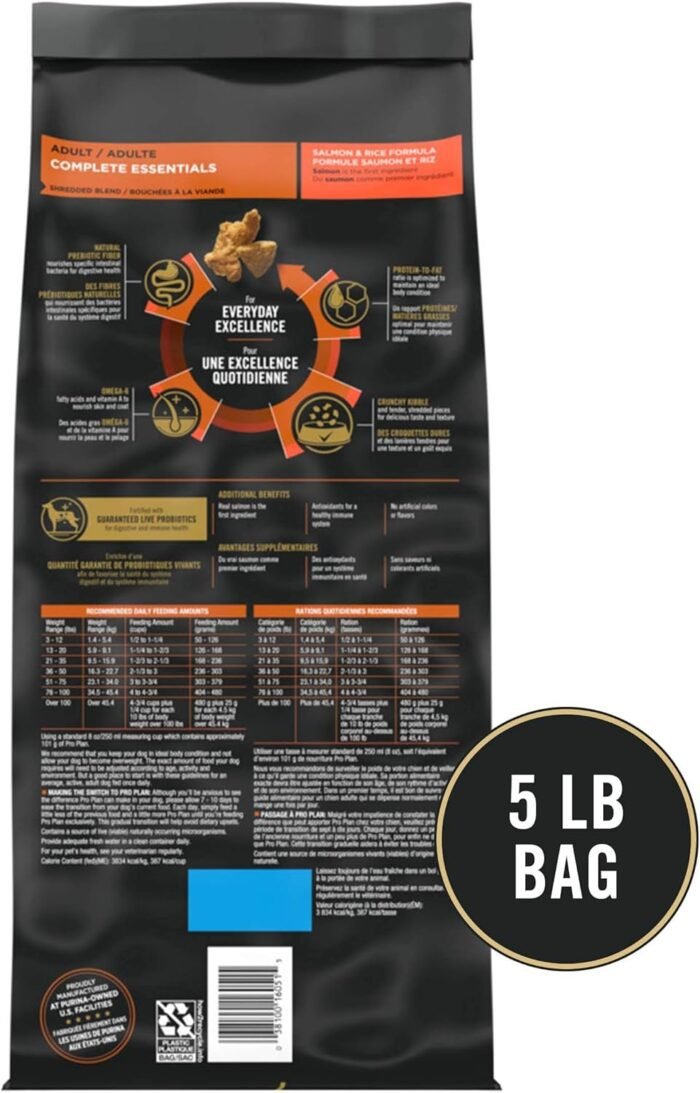 Purina Pro Plan Complete Essentials Shredded Blend Salmon and Rice Dog Food Dry Formula with Probiotics for Dogs - 5 lb. Bag