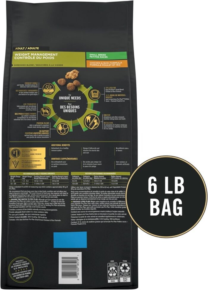 Purina Pro Plan Small Breed Weight Management Dry Dog Food, Shredded Blend Chicken and Rice Formula - 6 lb. Bag