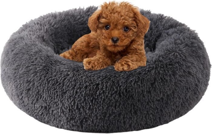 Calming Dog Bed, Dog Beds for Small Melium Dogs, Fluffy Donut Dog & Cat Bed Washable, Round Anti Anxiety Dog Bed, Small Dog Bed with Non-Slip Bottom (Dark Grey, 17" x 17")