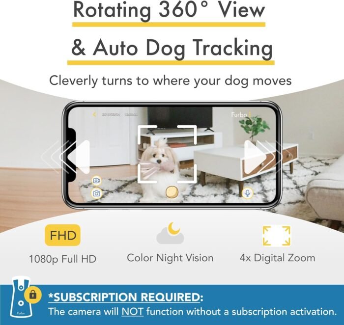 Furbo 360° Dog Camera + Nanny Bundle: Home Security & Dog Safety Alerts, Rotating Pet Treat Dispenser Camera with Speaker, Smart Home Indoor Cam w Phone App (Additional Subscription Required at Setup)