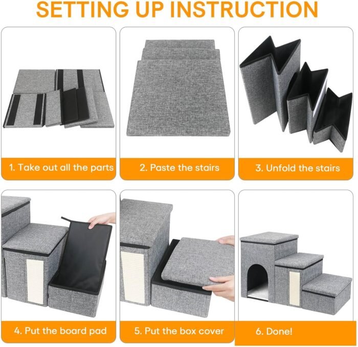 petizer Dog Stairs for Small Dogs, Foldable Pet Stairs for Couch/Bed with Storage Box, Condo and Cat Scratcher, Adjustable Non-Slip Dog Steps for Puppy, Cats, or Small (3-Step,17" H)