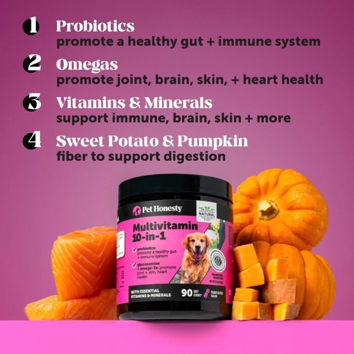 Pet Honesty Multivitamin Dog Supplement, Glucosamine Chondroitin for Dogs, Probiotics, Omega Fish Oil, Dog Supplements & Vitamins, Dog Vitamins for Skin and Coat Allergies, (Chicken 90 ct)