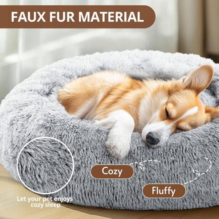 JOLLYVOGUE Small Calming Dog Bed, Anti-Anxiety Donut Cuddler Cat Bed with Anti-Slip Bottom, Fluffy Faux Fur Machine Washable Pet Cushion for Small Medium Dog & Cat, 20"