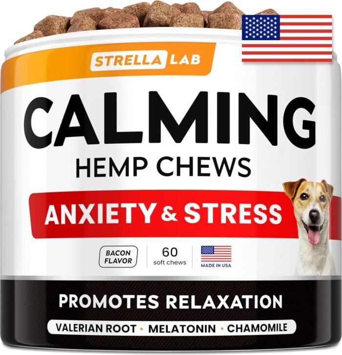 Hemp Calming Chews for Dogs - Dog Calming Treats - Anxiety Relief Treats - Dog Calming Chews - Stress - Sleep Calming Aid - Health & Wellness Supplements for Dog Separation Barking - 60 Treats