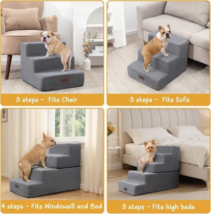 Dog Steps for Small Dog, 3-Step Dog Stairs for High Beds and Couch, Non-Slip Pet Stairs for Small Dogs and Cats,Dog Bed Stairs, Grey, 3/4/5 Steps