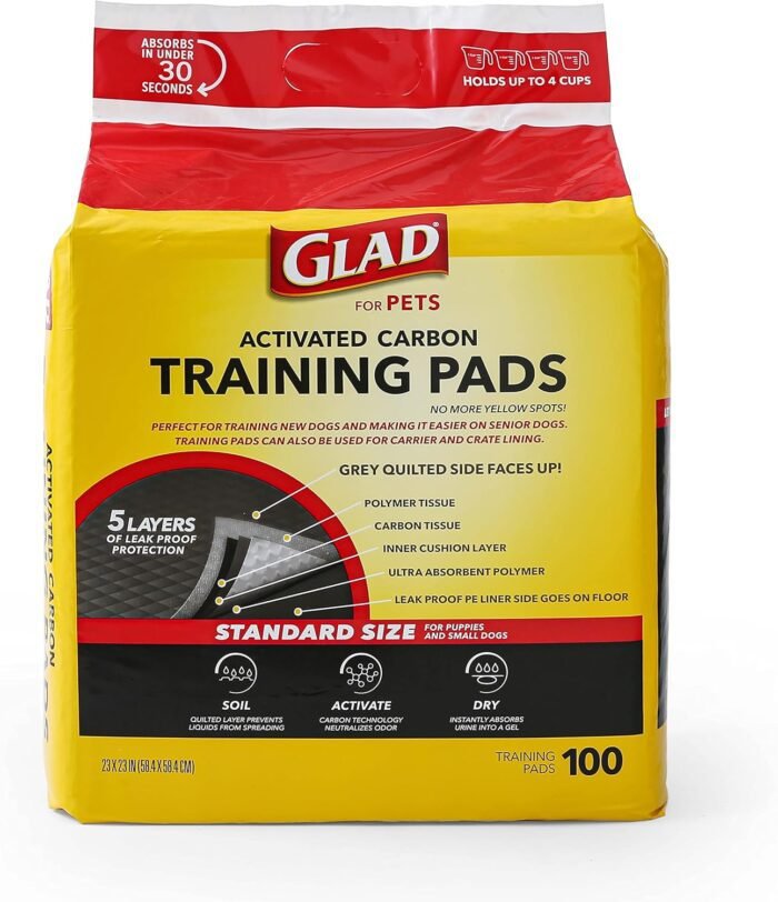 Glad for Pets Black Charcoal Puppy Pads 23" x 23" AllinOne Puppy Potty Training Pads That ABSORB & NEUTRALIZE Urine Instantly New & Improved Quality Puppy Pee Pads, (Pack of 1, 100 Count Total)
