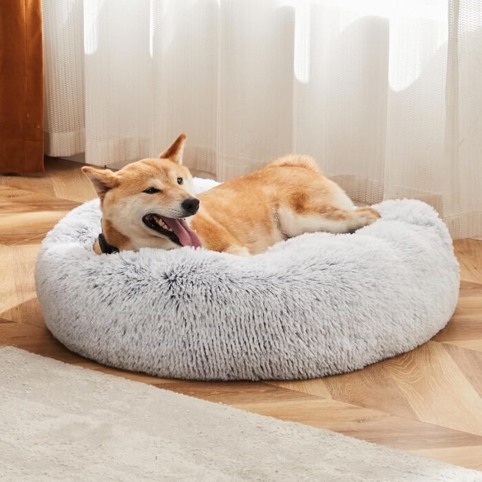 Sweetcrispy Calming Donut Dog & Cat Bed, Machine Washable Cuddle Warming Cozy Fluffy Faux Fur Plush Round Dog Bed, Anti-Anxiety Waterproof Anti-Slip Pet Bed for Small Medium Dogs and Cats,24 inches