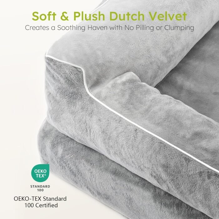 Extra Large Dog Bed - Orthopedic with Cooling Gel Memory Foam, Waterproof XL with Removable Washable Cover, 42" Dog Sofa Couch Dutch Velvet with Bone Toy, Light Gray