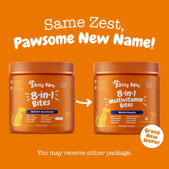 Zesty Paws Dog Multivitamin, Chewable Dog Vitamins and Supplements for Hip & Joints, Skin & Coat, Omega 3 Fish Oil for Dogs- Senior & Puppy Multivitamin - Peanut Butter- 90ct