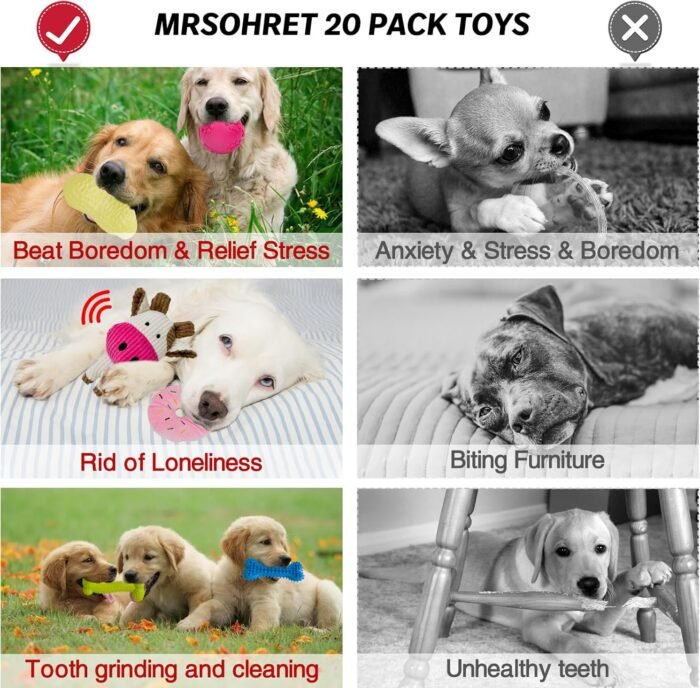 20Pcs Puppy Chew Toys for Teething, Dog Chew Toys with Rope Toys, Pet Dog Toothbrush, Treat Balls, Plush Toys and Squeaky Toys for Small Medium Dogs with Basket