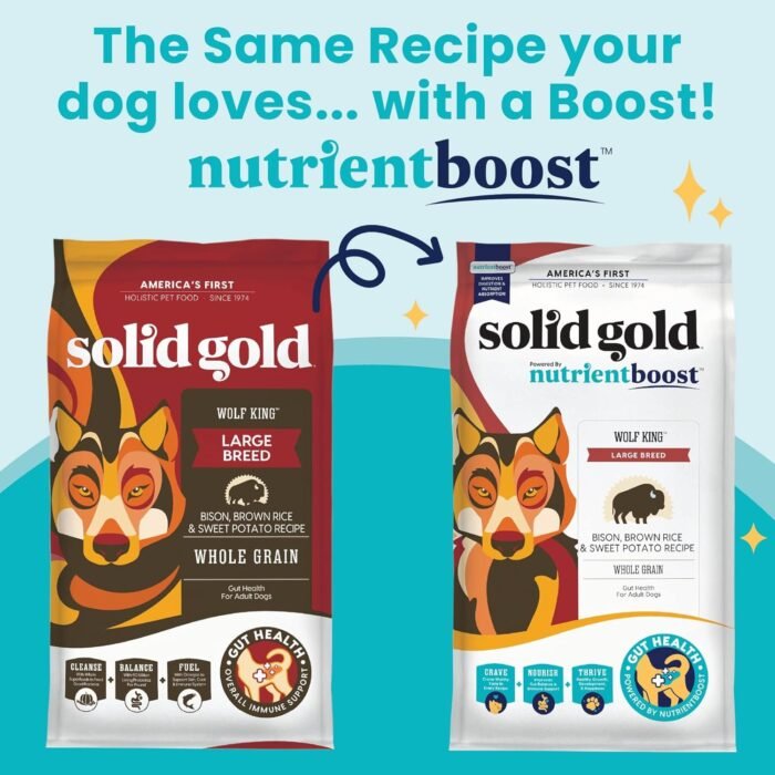 Solid Gold Large Breed Adult Dry Dog Food Whole Grain Kibble with Real Bison, Brown Rice, Sweet Potato and Omega 3 Fish Oil for Dogs, Probiotics - Nutrientboost - 22 LB