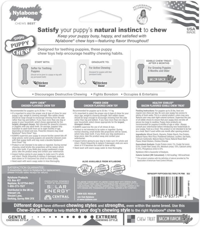 Nylabone Puppy Chew Toys & Natural Treat Triple Pack, Pink, Chicken & Bacon Flavor, Small - Up to 25 Ibs, 3 Pack