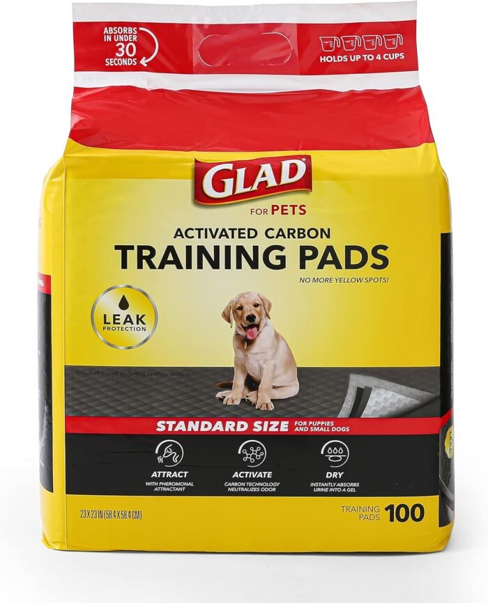 Glad for Pets Black Charcoal Puppy Pads 23" x 23" AllinOne Puppy Potty Training Pads That ABSORB & NEUTRALIZE Urine Instantly New & Improved Quality Puppy Pee Pads, (Pack of 1, 100 Count Total)