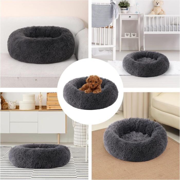 Calming Dog Bed, Dog Beds for Small Melium Dogs, Fluffy Donut Dog & Cat Bed Washable, Round Anti Anxiety Dog Bed, Small Dog Bed with Non-Slip Bottom (Dark Grey, 17" x 17")