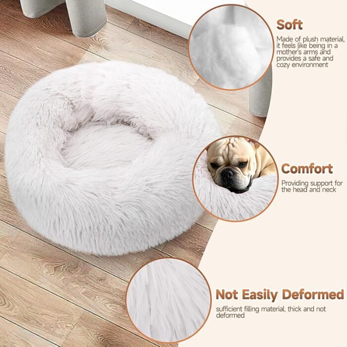 Dog & Cat Bed 2 Pack, 20'' Cat Beds for Indoor Cats, Calming Donut Bed for Puppy and Kitten, Washable Round Fluffy Pet Bed for Small Medium Dogs and Cats (Grey&White)
