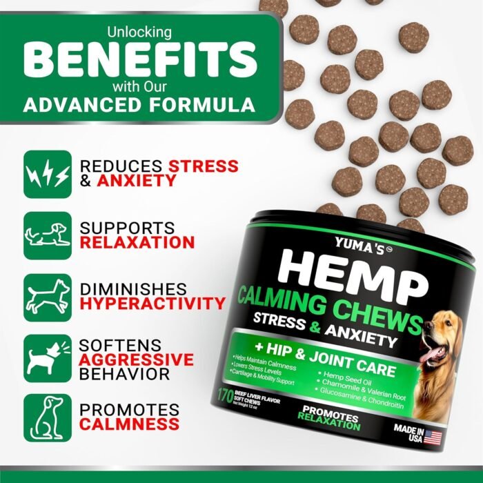 YUMA'S Hemp Calming Chews for Dogs - Advanced Dog Calming Chews - 170 Treats - Anxiety Relief Treats - Hemp Oil - Separation Aid, Stress, Hip and Joint Supplement for Canine Health Support