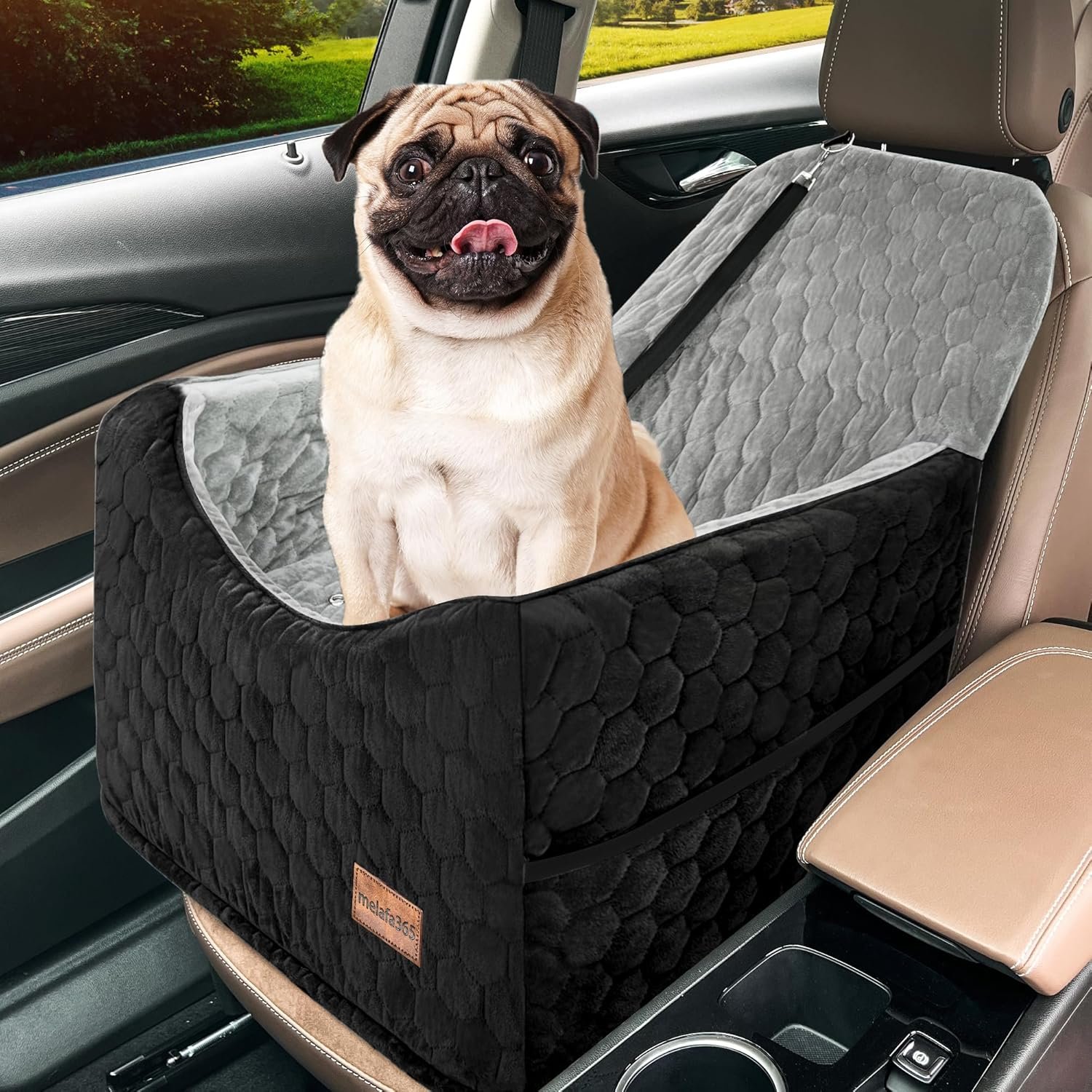 melafa365 Dog Car Seat for Small Medium Dogs, Memory Foam Dog Booster Seat, Elevated Pet Car Seat for Dogs up to 35 lbs, Travel Safety Car Seat with Storage Pockets (Gray/Black)